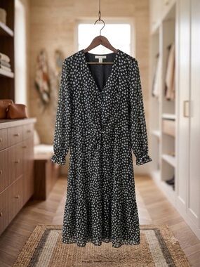 H&M Black Long Sleeve Floral Midi Dress